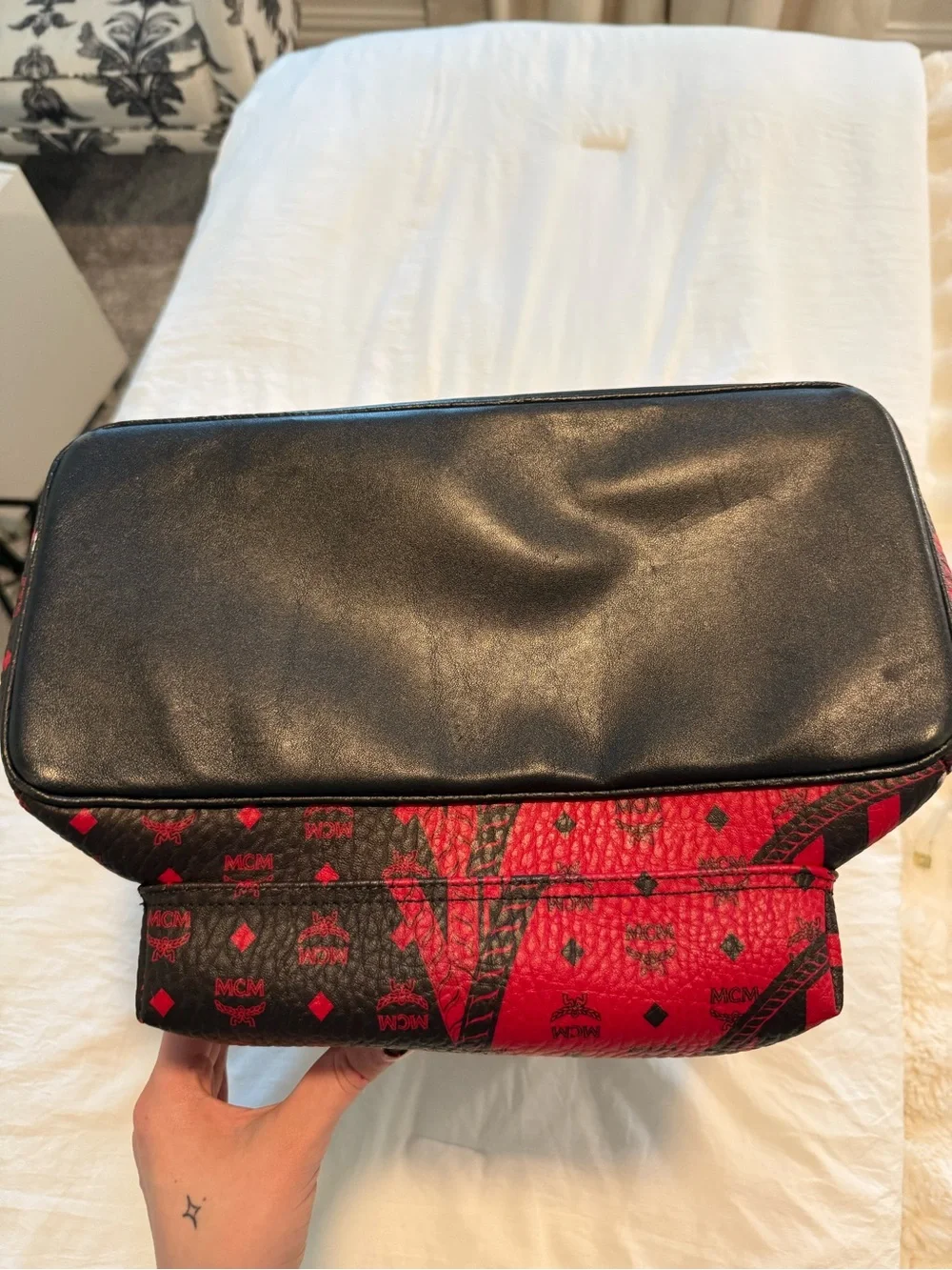 MCM Red & Black Baroque Pattern Leather Backpack Medium